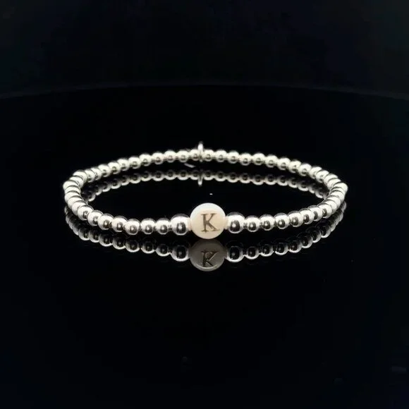 925 Sterling Silver Beaded Stretch Stacking Bracelet MOP Letter Initial K - Picture 1 of 6